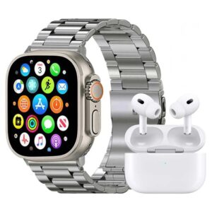 ساعت هوشمند روزمره ورنا مدل W49 Ultra، جنس بدنه از فلز، دارای بند فلز، سازگار با سیستم عامل اندروید و iOS، دارای قابلیت های مکالمه از طریق بلوتوث و کنترل موسیقی، به همراه 7 عدد بند